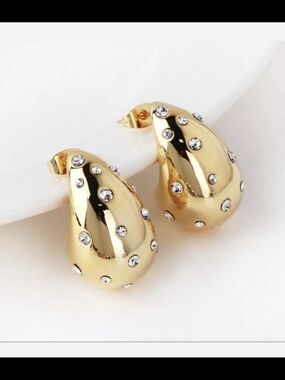 Gold Tone Teardrop Crystal Stud Earrings - New